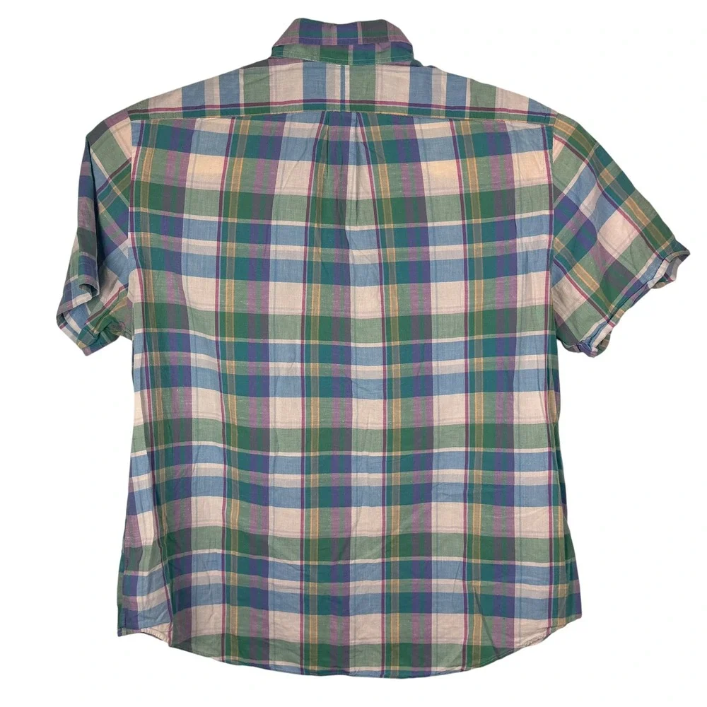 Ralph Lauren Shirt Men XXL Green Plaid Madras Cotton Viscose Short Sleeve Preppy